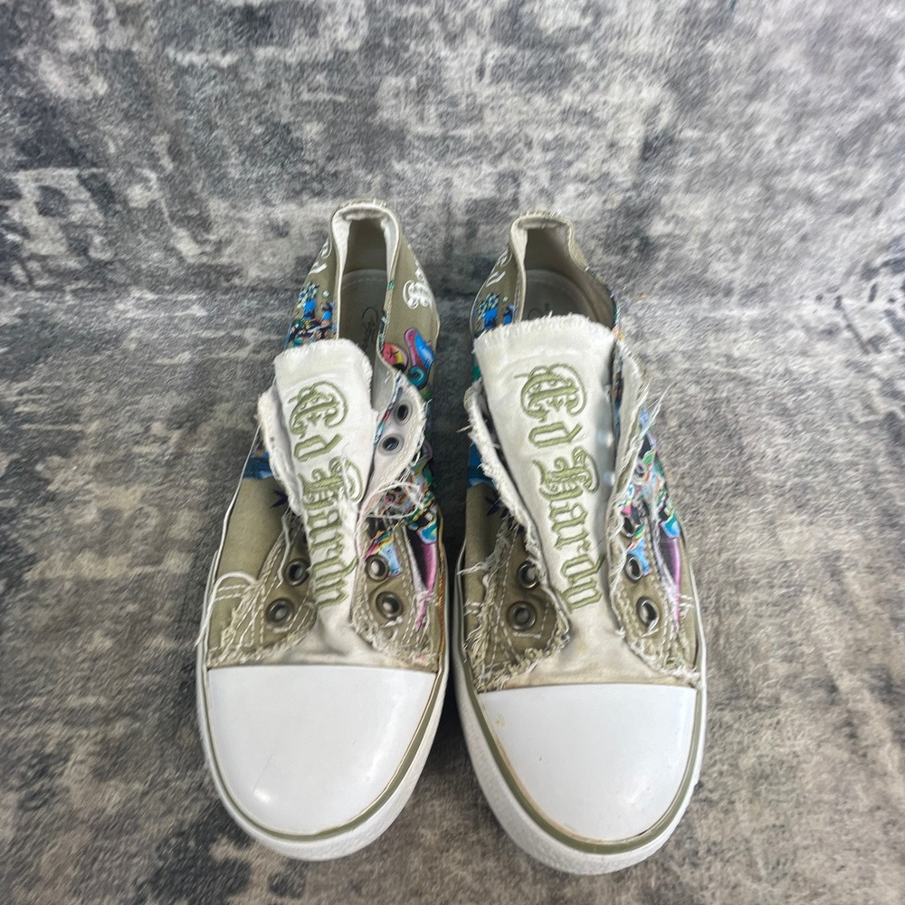 Ed Hardy Womens 7 Casual Slip-on Sneakers Y2K Tattoo Art Canvas Green Distressed - Picture 3 of 12